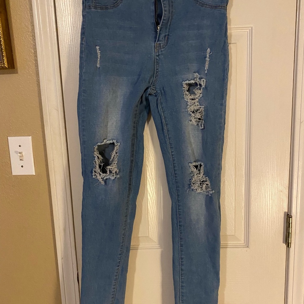 SHEIN Blue Distressed Skinny Jeans